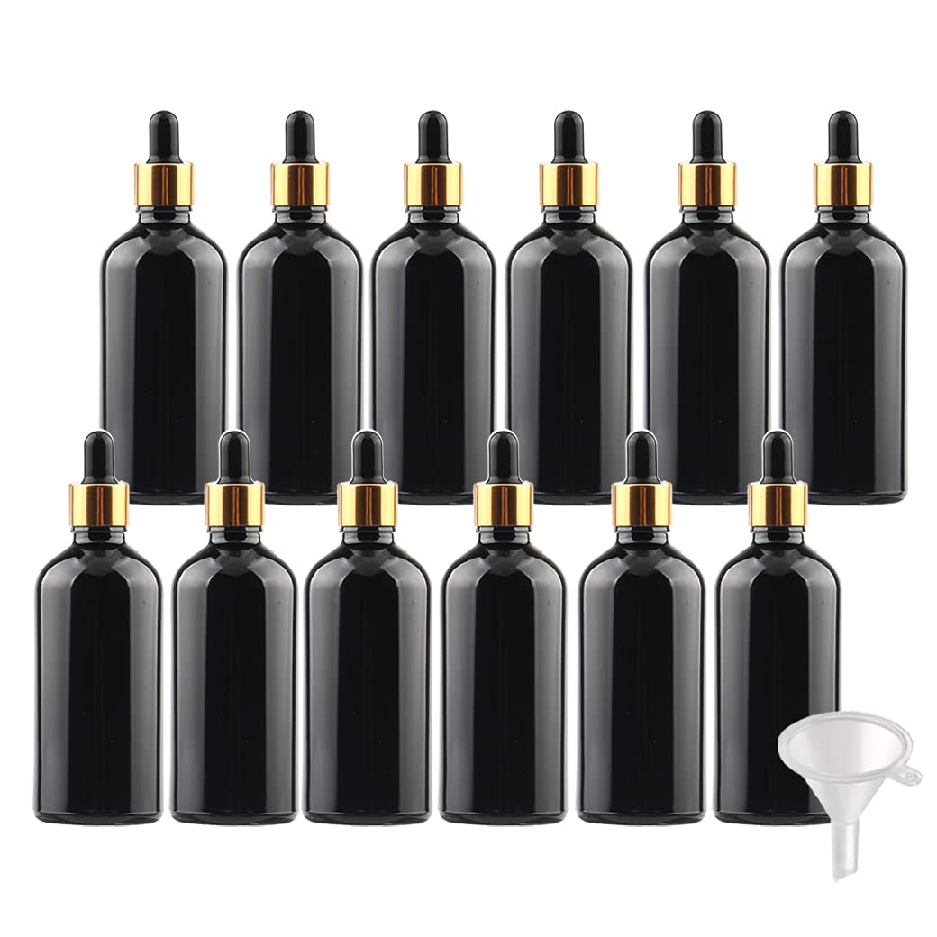 24 Piezas Negro Frasco Cuentagotas Cristal 100ml, Botellas Cuentagotas Vacío con Pipeta de Vidrio Oro/Negro, para Fragancias de Arorapia de Aceites Esenciales, Masaje, Viaje