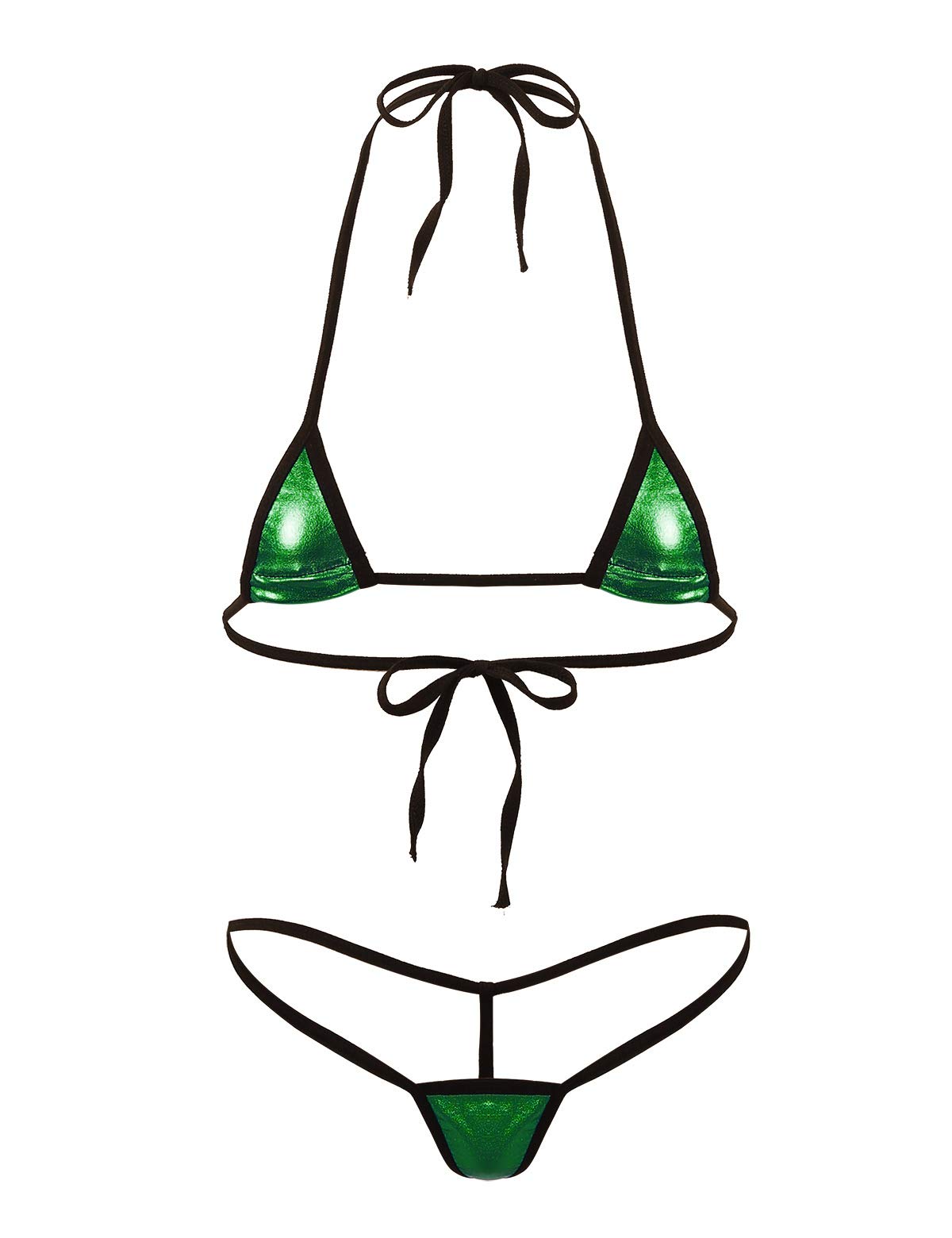 NimiyaWomen's Shiny Metallic Halterneck Micro Thong Lingerie Set Extreme Bikini Swimsuit Bathing Suit Green One Size