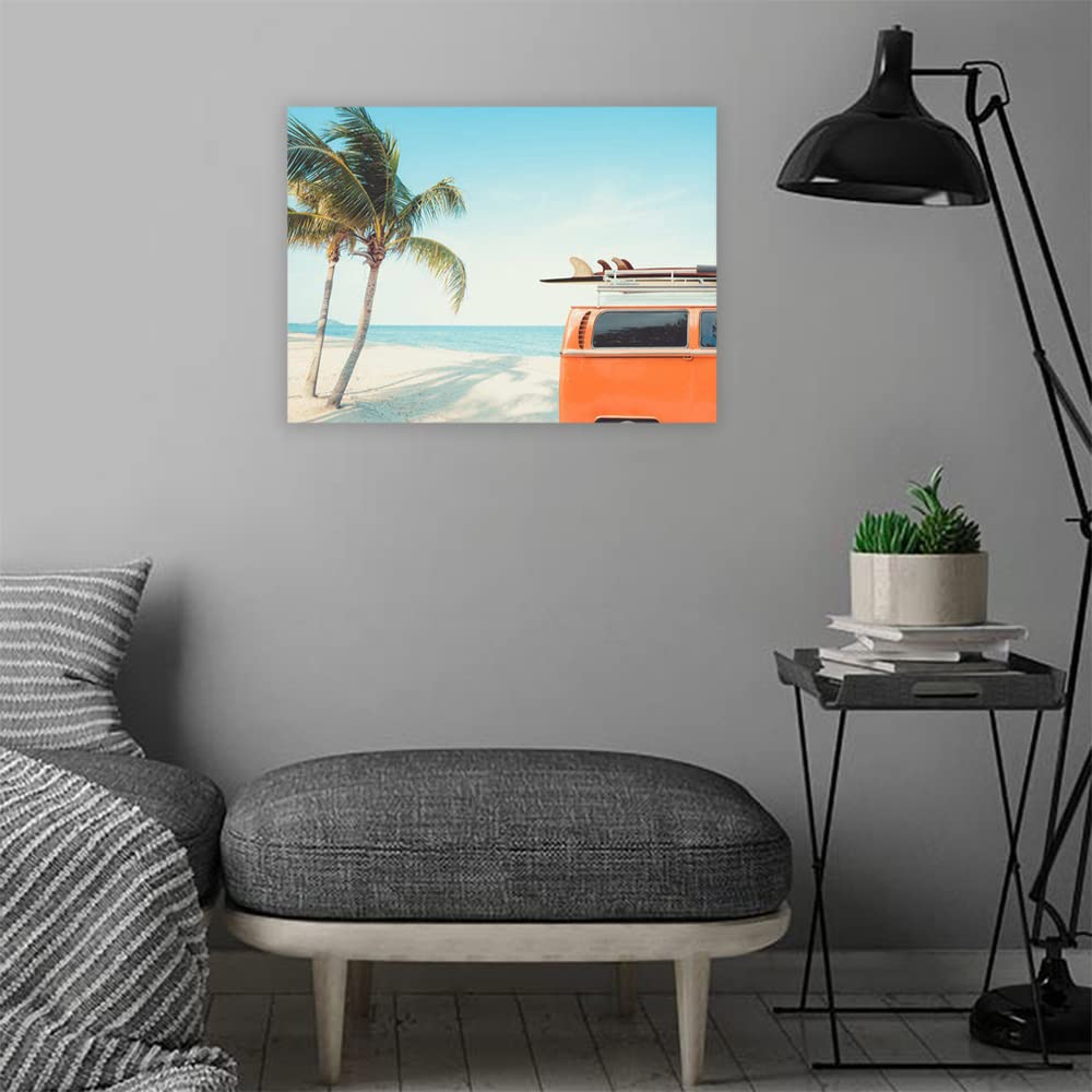 VERRE ART Wood Framed Canvas - Wall Decor for Living Room, Bedroom, Office, Hotels, Drawing Room (22in X14in) - Vintage Van & Palm Trees Scenery