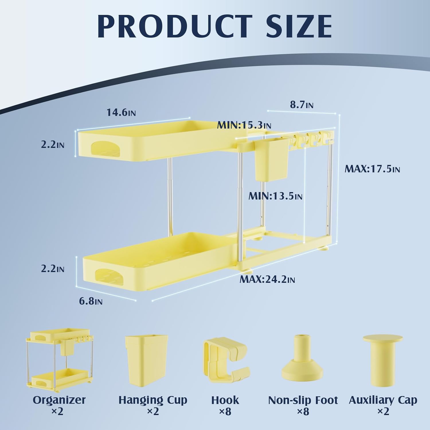 VERIFOST 2 Pack Under Sink Organizers and Storage, Height Adjustable Bathroom Cabinet Organizer, 2 Tier Under Sink Organizer with Hooks, Under Cabinet Organizer for Kitchen Bathroom (Yellow