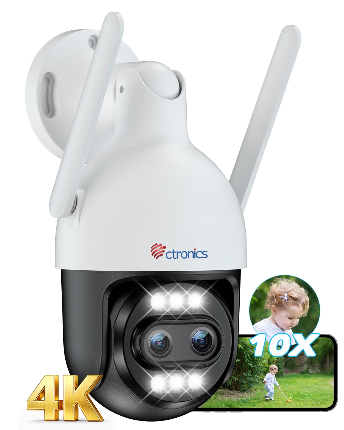 Ctronics 10X Zoom Híbrido 4K Cámara Vigilancia Exterior Doble Lente | 2.4/5GHz WiFi, Detección Humana/Vehículo/Animale&Auto Track, 256GB TF/Cloud, Visión Nocturna Color, Metal, IP66 (White)