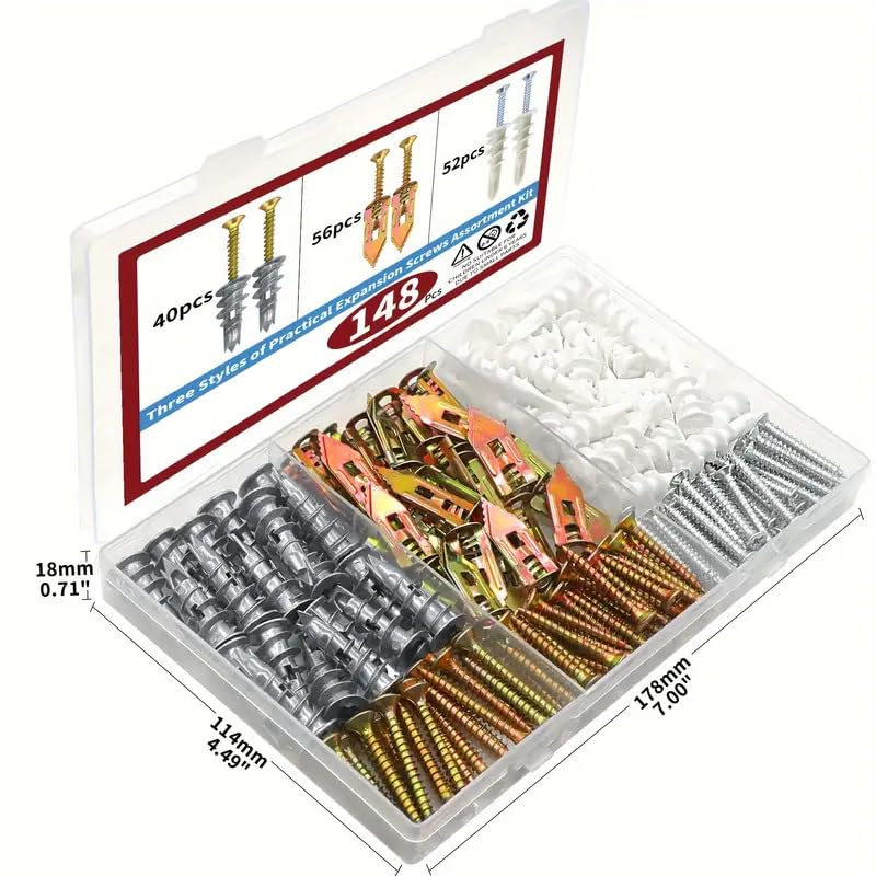148pcs Spiral Expansion Screw Set Drywall Screws Zinc Alloy Self-Drilling Drywall Anchors Kit with Box (148pcs)