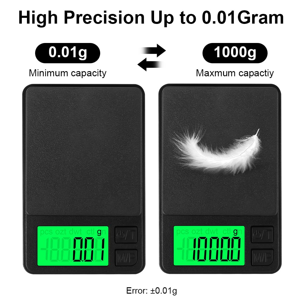 HOTUT Bilancia di Precisione 1000g/0.01g, Portatile Bilance per Gioielli, Digital Pro Pocket, con Display LCD e 7 Unità, Funzione Tara, per Cucina Cucinare, Caffè, Farmaci (2 Batterie Incluse)