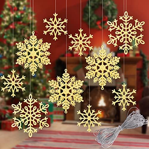 Whaline 40Pcs White Glitter Snowflake Winter Snowflake Ornaments Christmas Hanging Decorations with 197 Inches Silver Rope for Wedding Birthday Home Xmas Tree Window Door Accessories