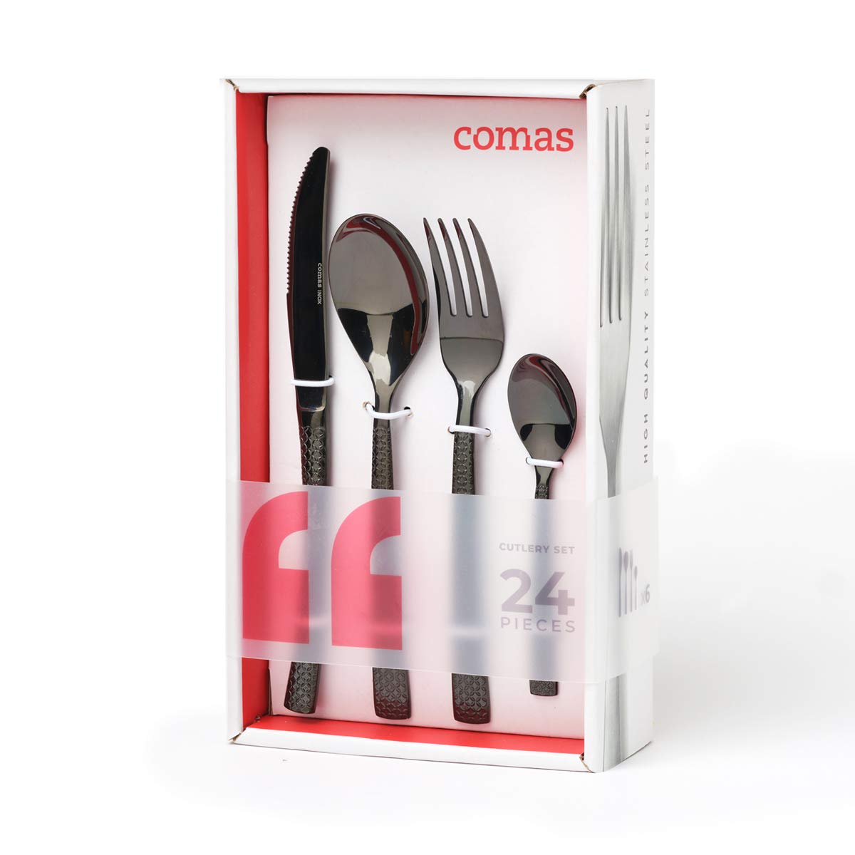 Comas Besteckset Hidraulic Black 24-tlg., Tafelbesteck, Edelstahl, PVD-Beschichtung, Spiegelfinish, Schwarz, 7211