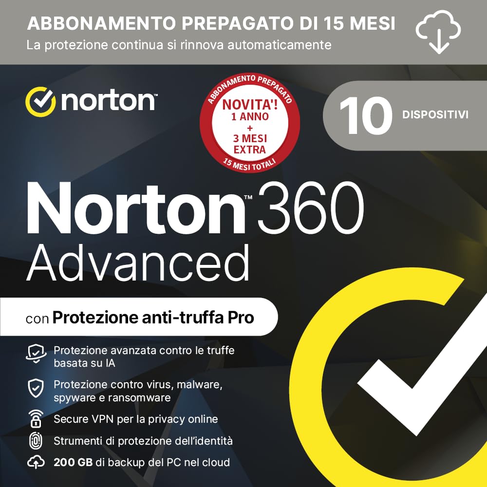 Norton 360 Advanced 2026 | Antivirus per 10 dispositivi | 200 Gb di backup | Licenza di 15 mesi con rinnovo automatico | PC, Mac, tablet e smartphone | Codice d'attivazione via email