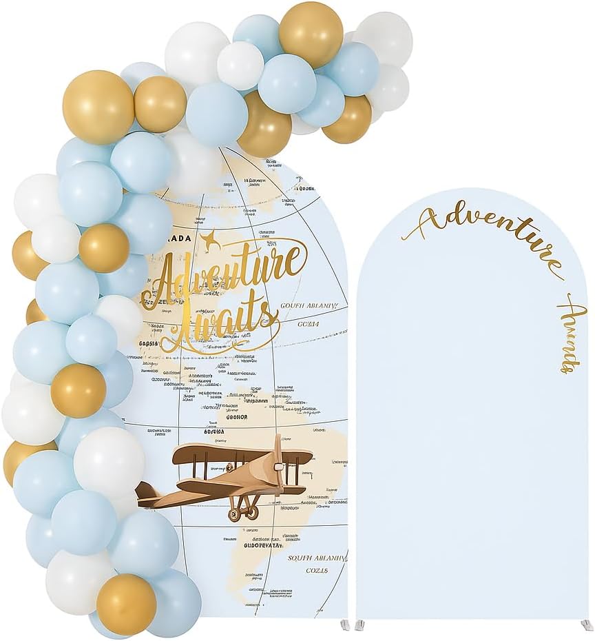 Set of 2 Arch Backdrop Covers Adventure Awaits Baby Shower Arch Stretchy Cover Airplane Travel Map Theme Birthday Party Decorations (7.2FT & 6FT,Blue) image 3
