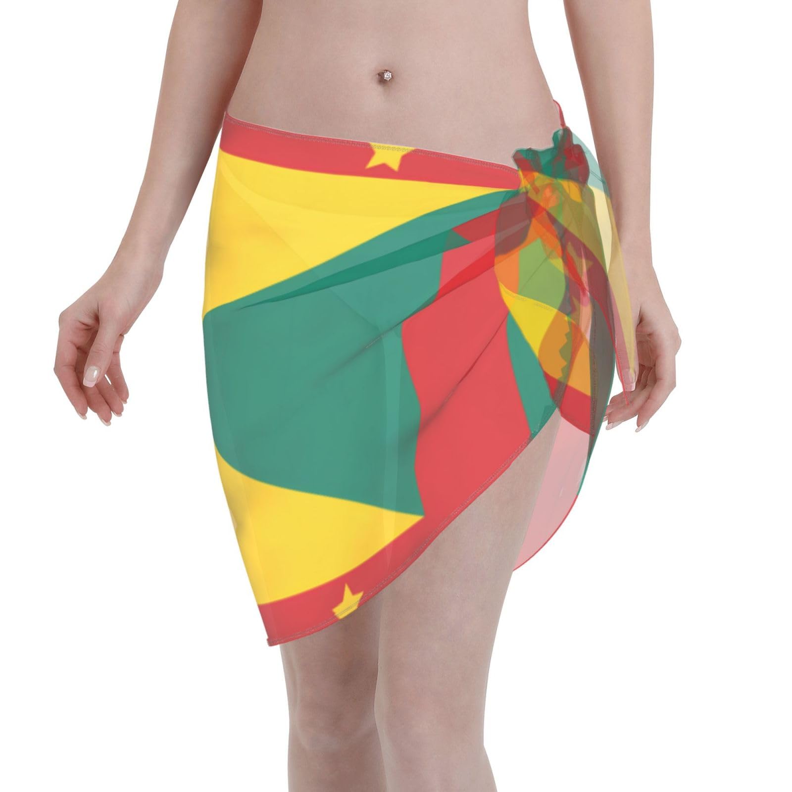 Poezjzw Women's Black Flag Of Grenada Swimsuit Cover Up Short Chiffon Beach Sarong Bikini Wrap Skirt Bathing Suit Scarf Pareo Swimwear