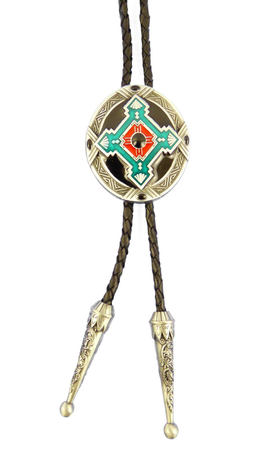 Bolo Tie Westernkrawatte Indianisches Ornament Lederkordel verstellbar mit Clip, Silber,Silber, 92