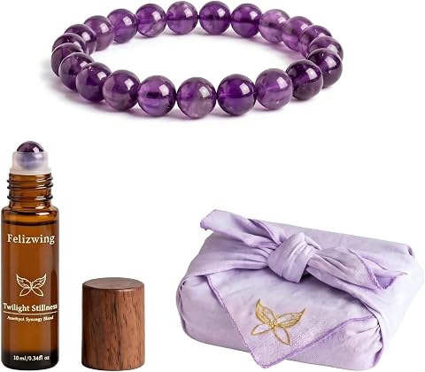 8mm Uruguayan Amethyst Bead Bracelet Gift Set with Lavender Bergamot Roll-On Oil