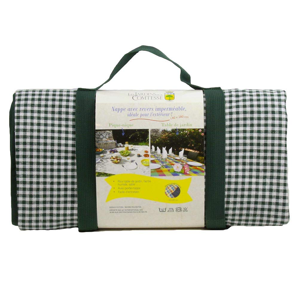 Les Jardins de la Comtesse - Nappe Pique Nique Rectangulaire XL Vichy Vert Foncé - Coton et Revers Imperméable Polyester - 280x140cm - Aussi pour Table de Jardin - 8/12 Personnes - Couverture Picnic