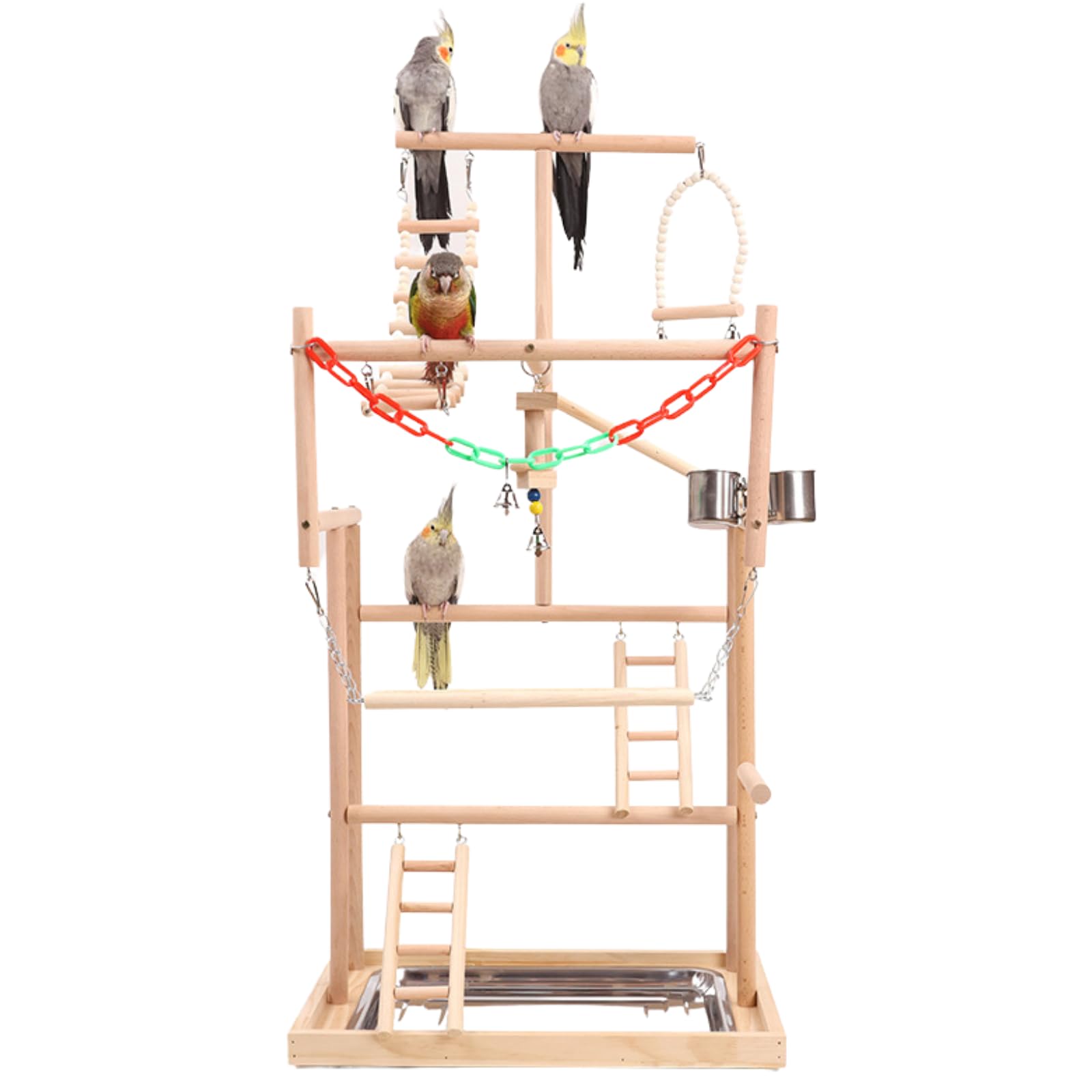 Bird Playground, Parrot Natural Wood Perch Stand With Stainless Steel Tray, Bird Play Gym Playpen With Ladder Feeding Cup For Parakeet Cockatiel