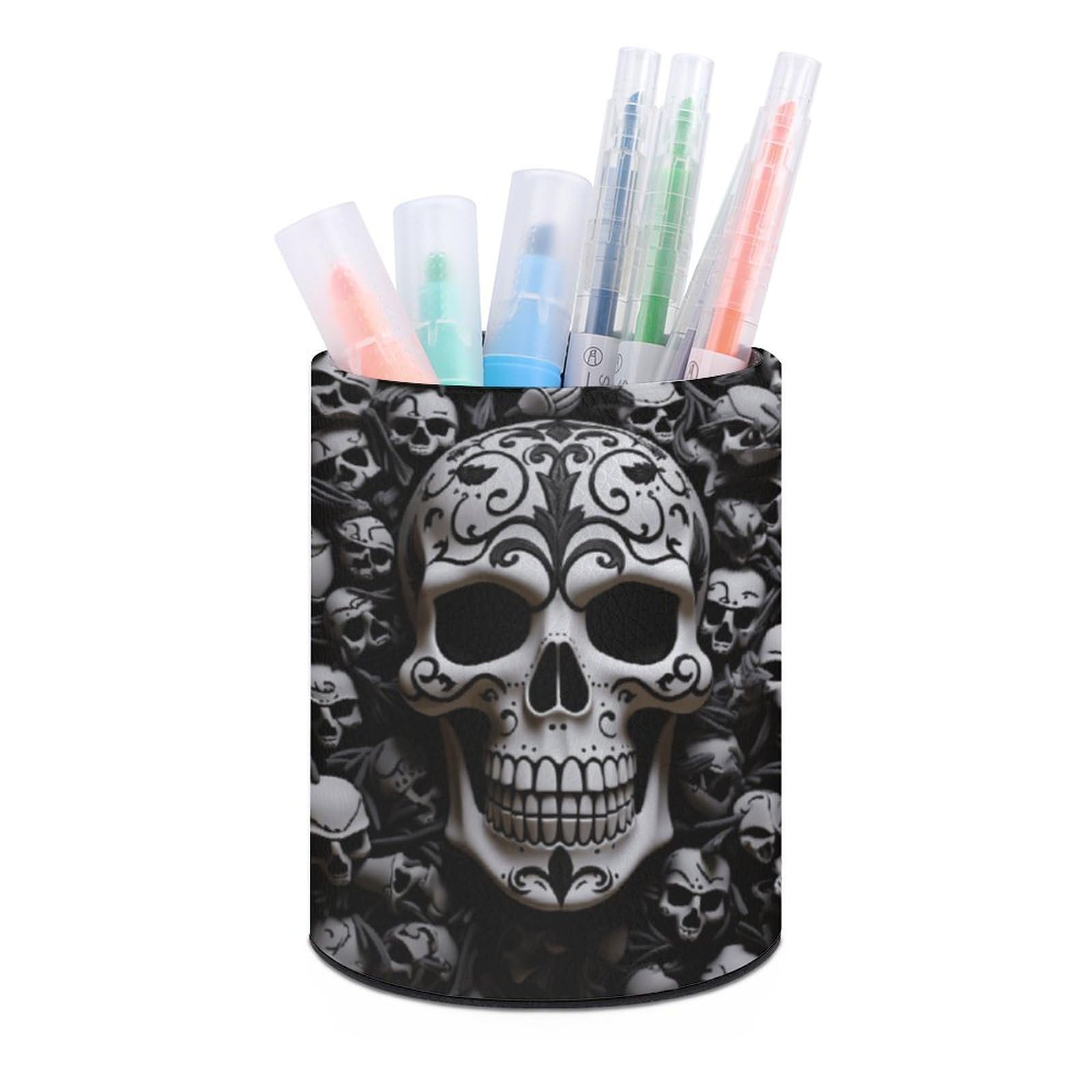VstaDank Black And White Skulls Pen Holder PU Leather Pencil Cup Minimalist Desk Pencil Holder Round Make Up Brush Organizers For Office Dorm Room&Vanity Desk Accessories