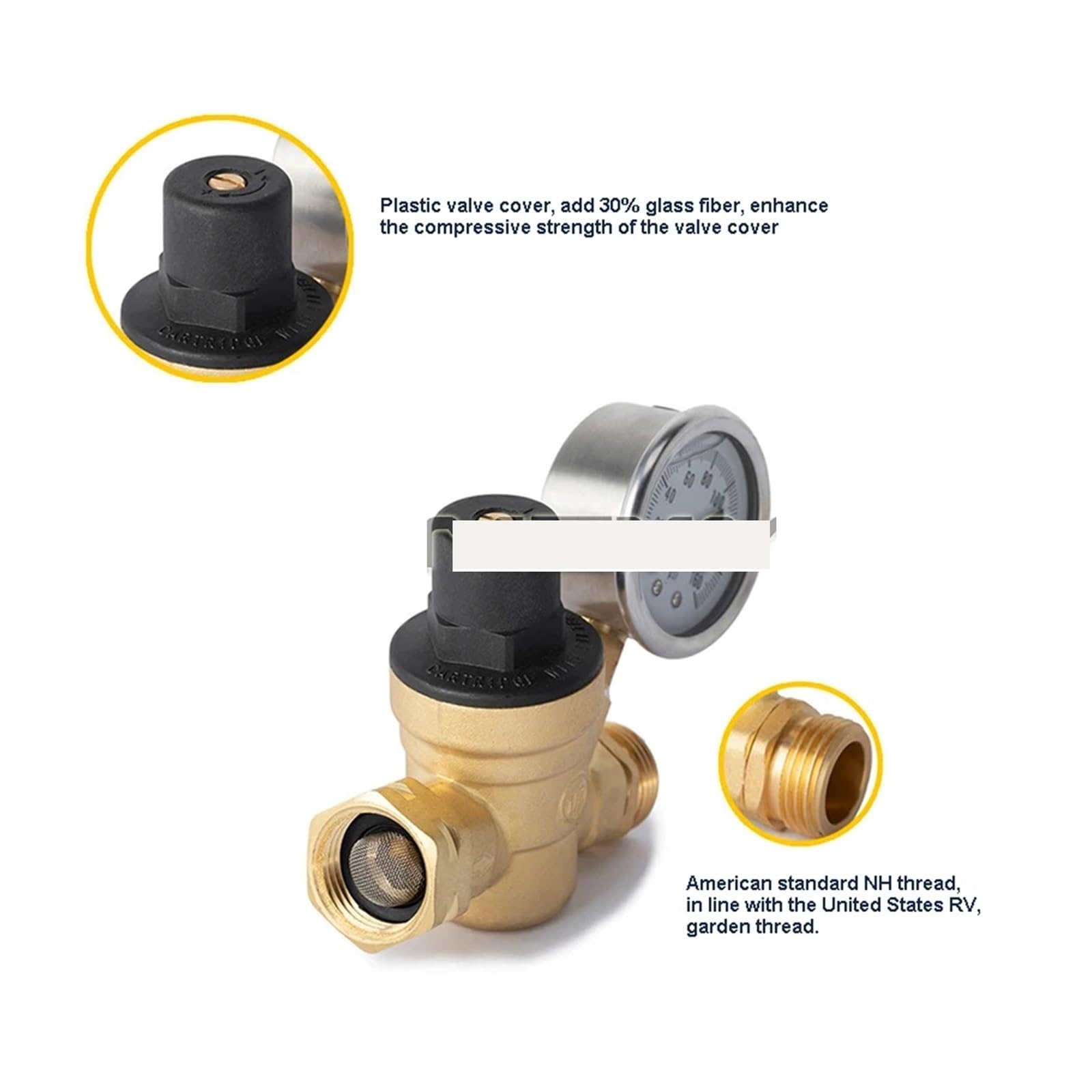 Válvula reguladora de presión de Agua, Reductor regulador de presión de Agua Ajustable de latón sin Plomo con manómetro