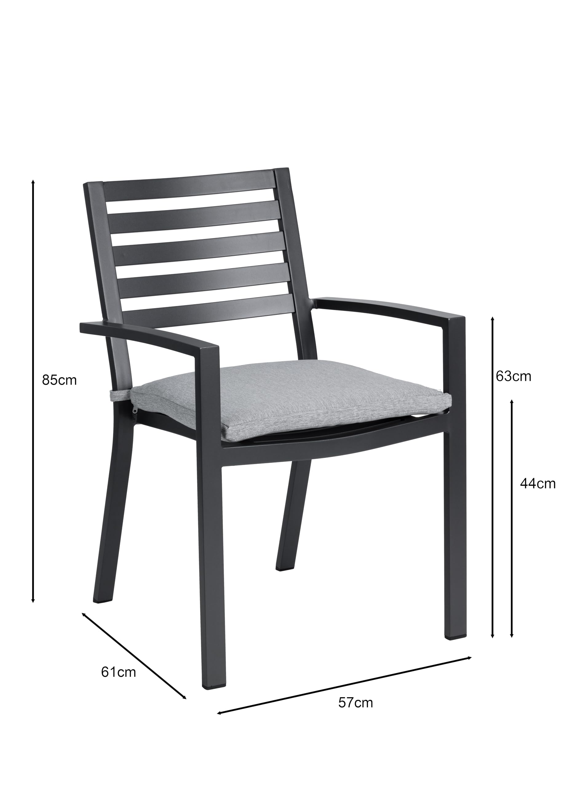 METRO Professional Gartenstuhl mit Armlehne und Kissen, Aluminium, 57 x 61 x 85 cm, 150 kg Tragkraft, Dunkelgrau