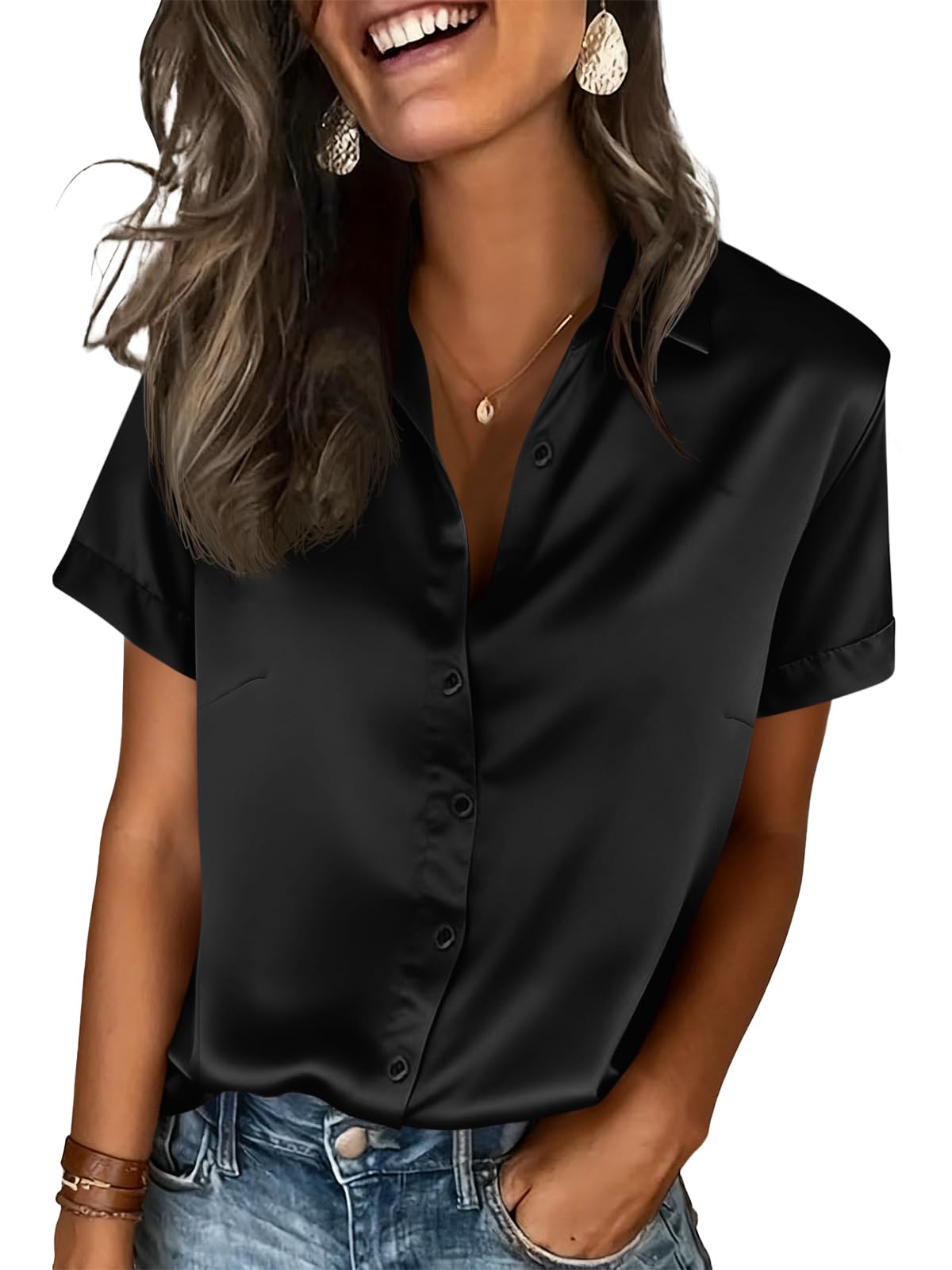 Tankaneo Damen Button Down Bluse V Ausschnitt Kurzarm Einfarbig Satin Blusen Sommer Lässige Oberteile