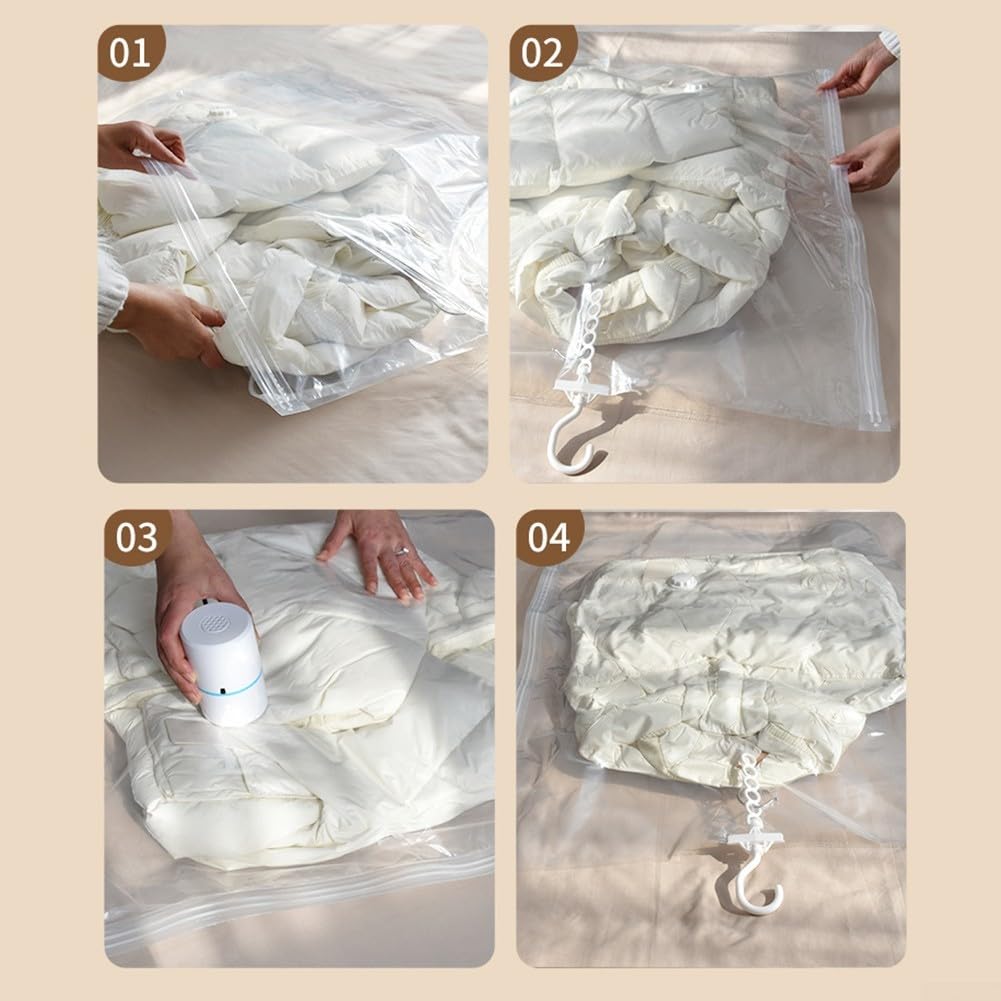Sacchetti sottovuoto da appendere con pompa elettrica, confezione da 4 sacchetti di compressione salvaspazio per vestiti, abiti, giacche, abbigliamento invernale da viaggio, trasparenti