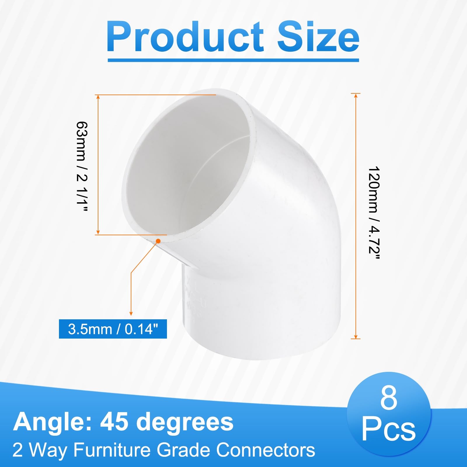 HARFINGTON 8 accesorios de tubería de codo de 45 grados, 2 1/2 pulgadas, 2 vías, conectores de esquina de grado de muebles, codo de ángulo para alcantarillado, fontanería, desagüe, suministros de