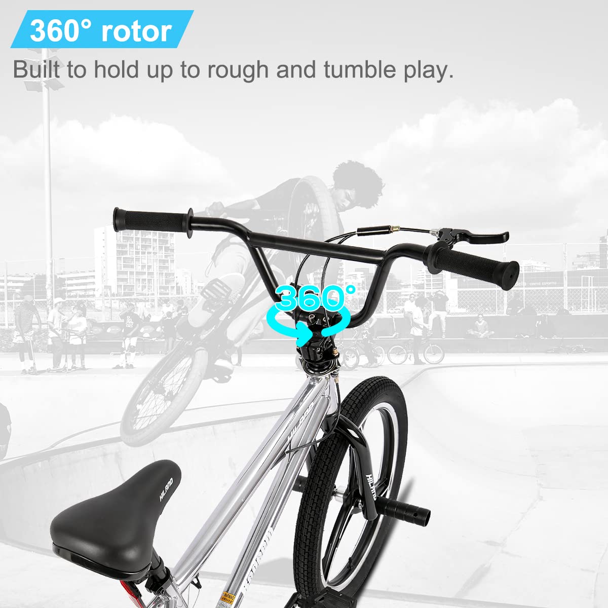 HILAND Bicicletta BMX da 20 pollici a 3 raggi, rotore da 360 gradi per stili Libero, bicicletta BMX a 4 perni per Allenamento e acrobazie, Argento
