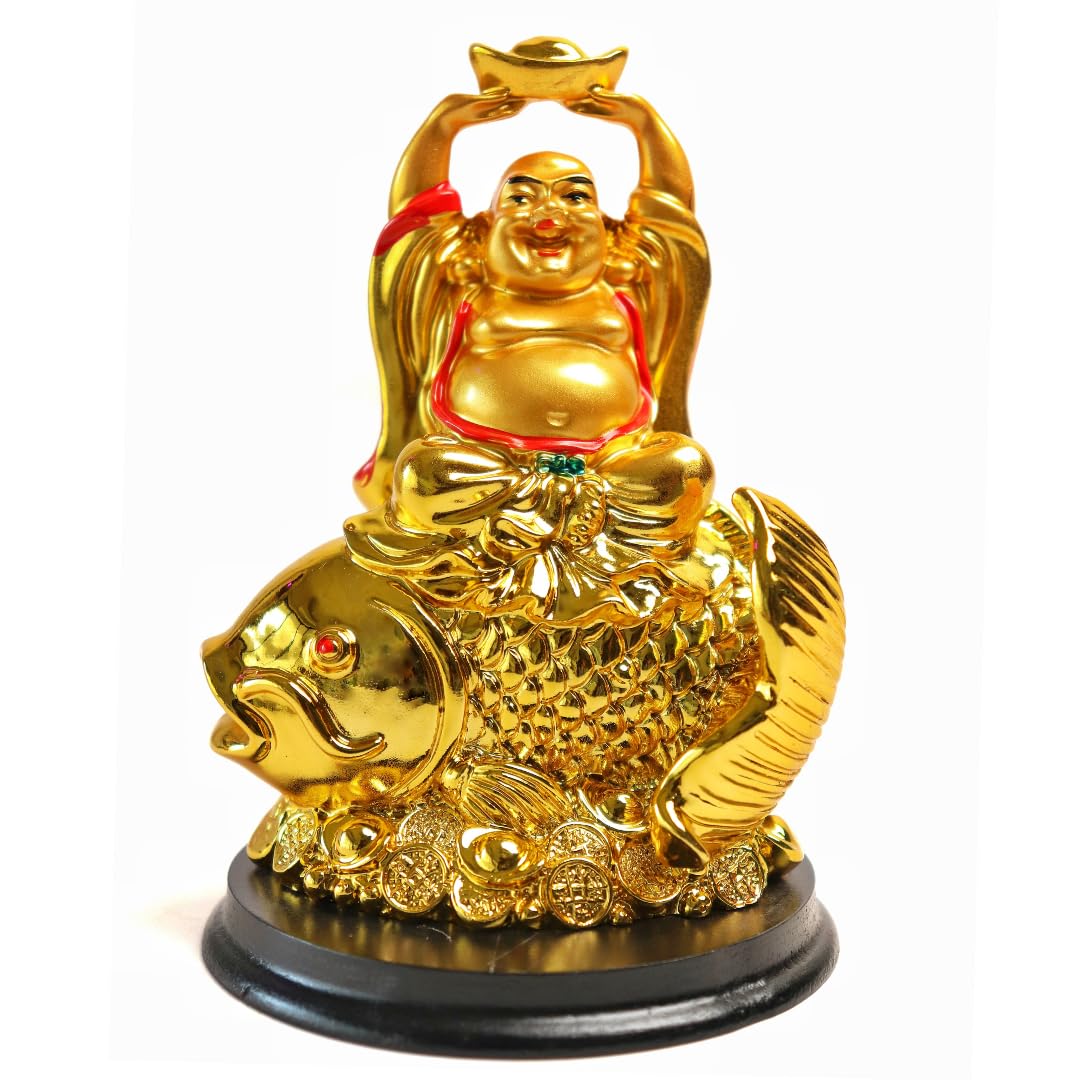 The Spiritual Living Golden Laughing Buddha Idol on Arowana Fish | 4 Inch | Feng Shui Statue for Prosperity, Wealth & Career Growth | Decorative Showpiece for Home & Office | Money and Good Luck |-image-9
