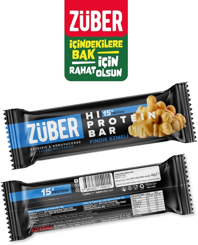 Züber Yüksek Hi Protein Bar Fındık Ezmeli, 45Gr, 12 Adet