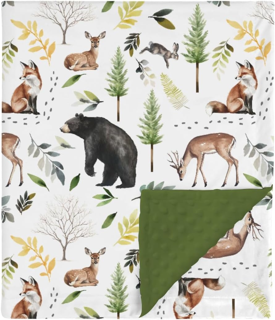 HawSkgFub Forest Woods Animal Friends Mink Baby Blankets Dotted Backing Boy Girl Shower Gift, Bear Deer Fox Rabbit Double Layer Nursery Swaddle, Soft Newborn Infant Toddler Bed Crib Bedding 30 x 40