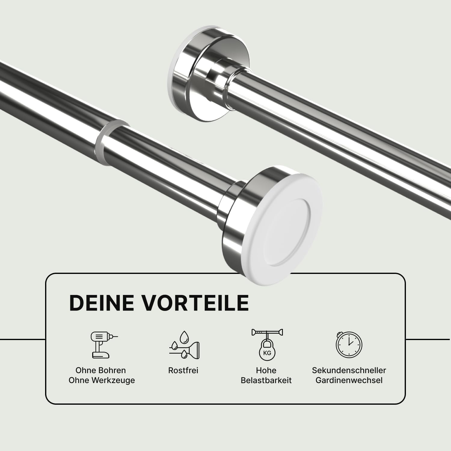 MEISENBERG Gardinenstange zum Klemmen 90-160cm, Silber, Ø 25 mm, Duschvorhangstange ohne Bohren - Vorhangstange für Gardinen, Bäder und Balkon - 2Stück