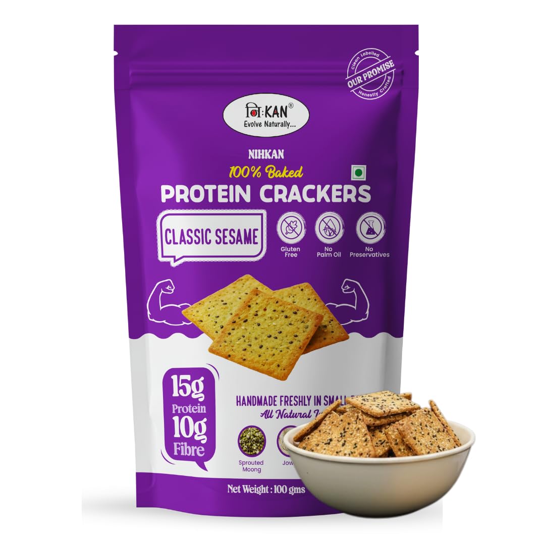 NIHKAN Classic Sesame Protein Crackers | Gluten Free High Protein Healthy Snack | 100% Baked, No Palm Oil, Fibre Rich & All Natural -100g