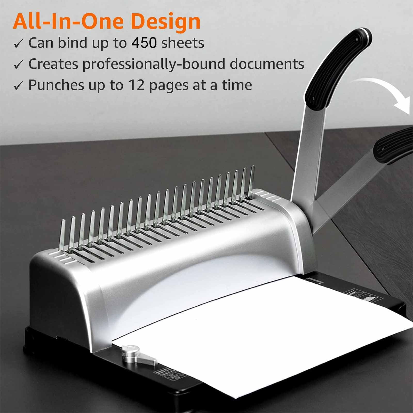 Rilegatrice Ad Anelli Plastici A 21 Fori per Documenti A4/A5 - Perfora 12 Fogli Contemporaneamente, capacità 450 Fogli, Margine Fori Regolabile da 3/4/5 Mm, Raccoglitore per Ufficio,A