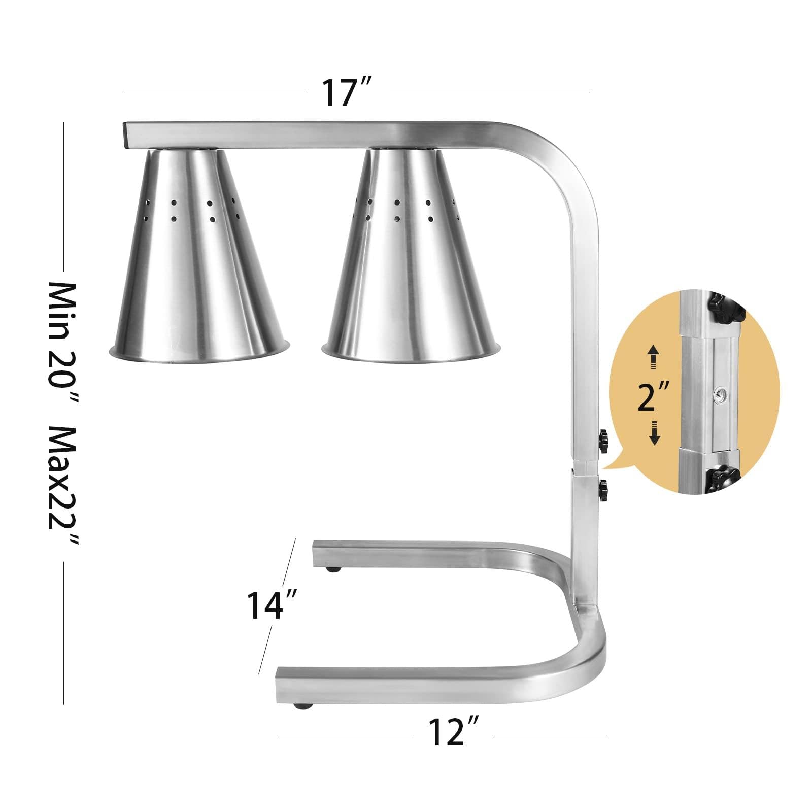 Wolnostojący komercyjny przenośny podgrzewacz do żywności, stal nierdzewna 220 V elektryczna lampa grzewcza do żywności z 2 żarówkami do gastronomii