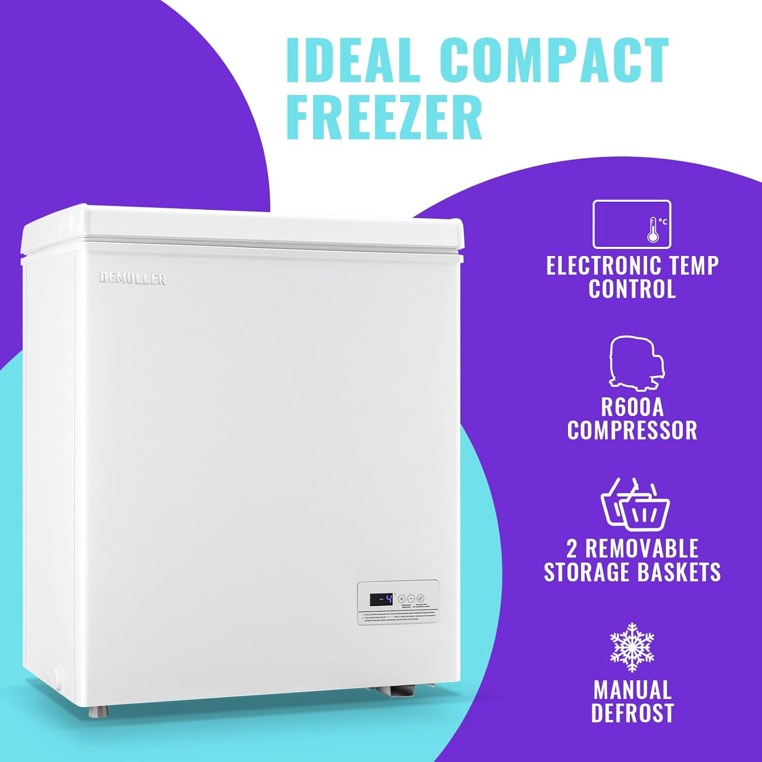 DEMULLER Chest Freezer, Small Deep 4.0 Cubic Feet White Freezing Machine, Compact Top Open Door with Electronic Panel, Temp Range -12 ℉ to 50 ℉, Two Storage Wire Baskets, Manual Defrost