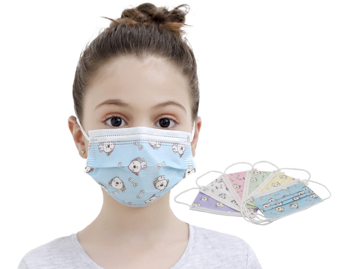 Emily Johnson 3-Layers Protective Kids Disposable Face Masks Multicolors Pink Green Yellow White Blue Purple with Puppy Pattern (30 pcs)