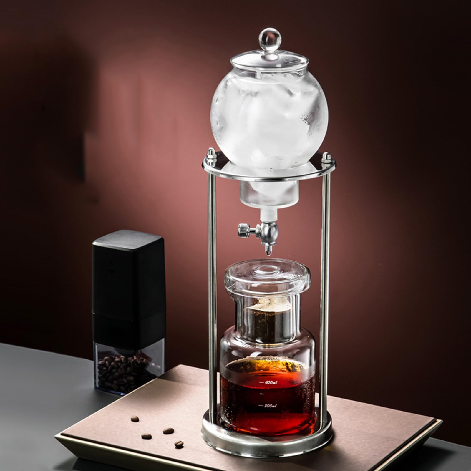 Caffettiera a goccia con ghiaccio da 600 ml, Caffettiera a goccia con ghiaccio freddo, 1-6 tazze, Valvola regolabile, Portapolvere in vetro borosilicato alto, Per casa, ufficio, bar, ristorante