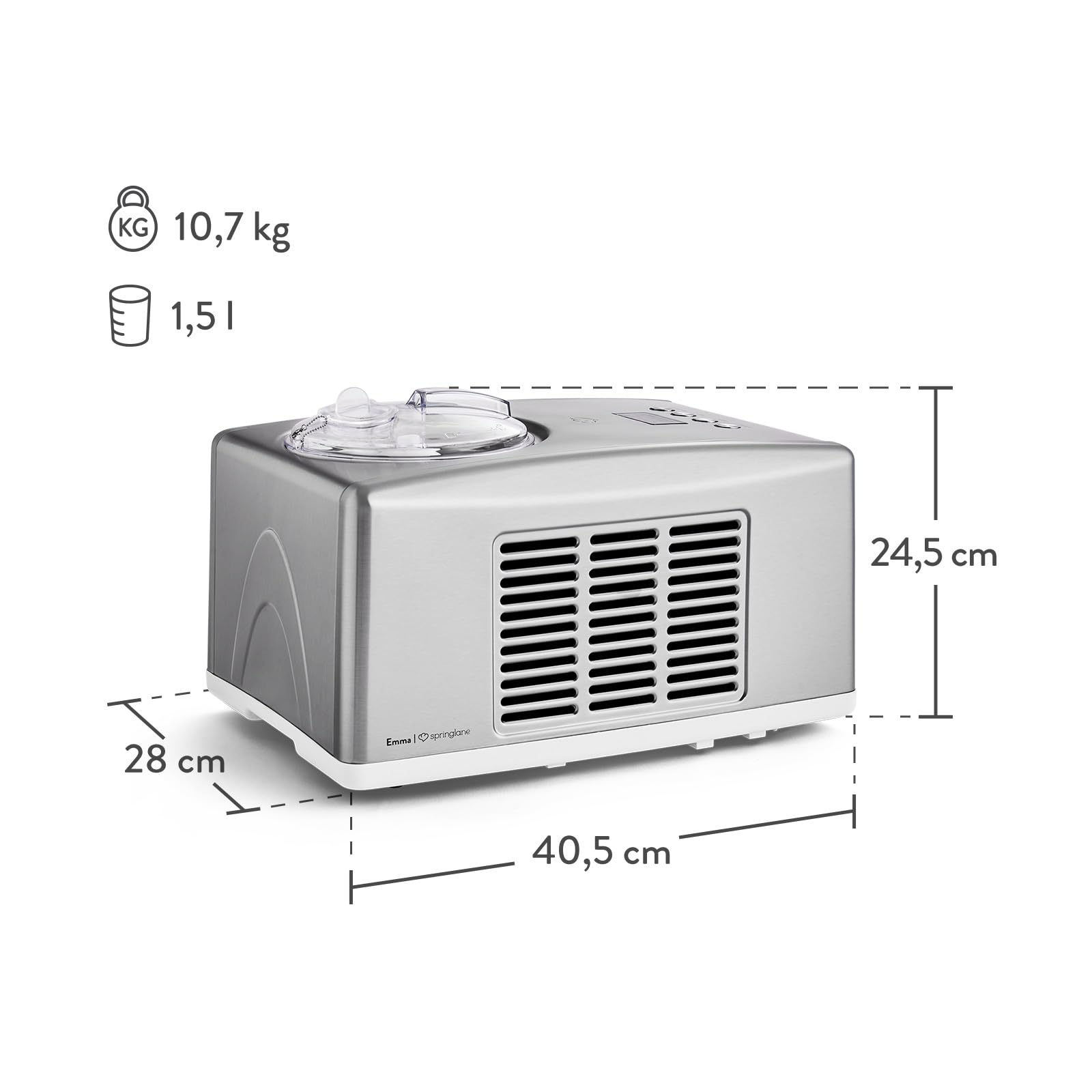 SPRINGLANE maszyna do lodów Emma 1,5 l z samochłodzącym kompresorem 150 W, maszyna do lodów ze stali nierdzewnej z wyjmowanym pojemnikiem na lód, w zestawie zeszyt z przepisami