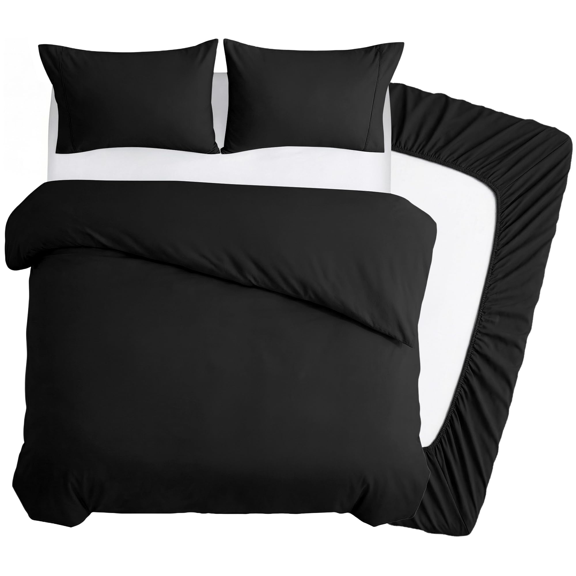 Deconovo 4 Piece Double Duvet Set, Brushed Microfibre Double Duvet Cover Set with 35cm Deep Fitted Sheet and 2 Pillowcases, Soft Bed Sheets for Double Bed - Black