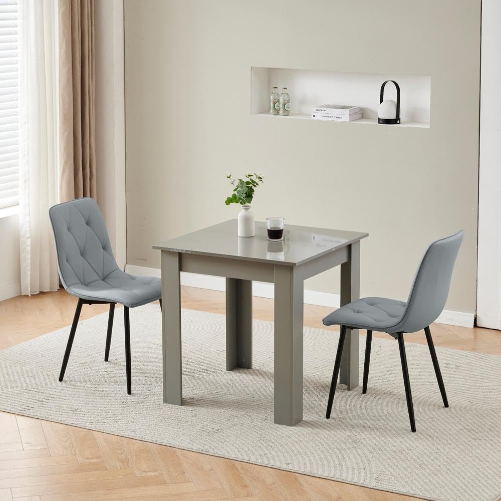 Homullel 75x75 cm Small Dining Table and 2 Chairs, 2 Seater Table and Chairs Set Kitchen Dining Room Set for 2, Compact, Space Saving, Wooden, Glossing Tabletop Grey (2 Seats, Velvet Diamond Gray)