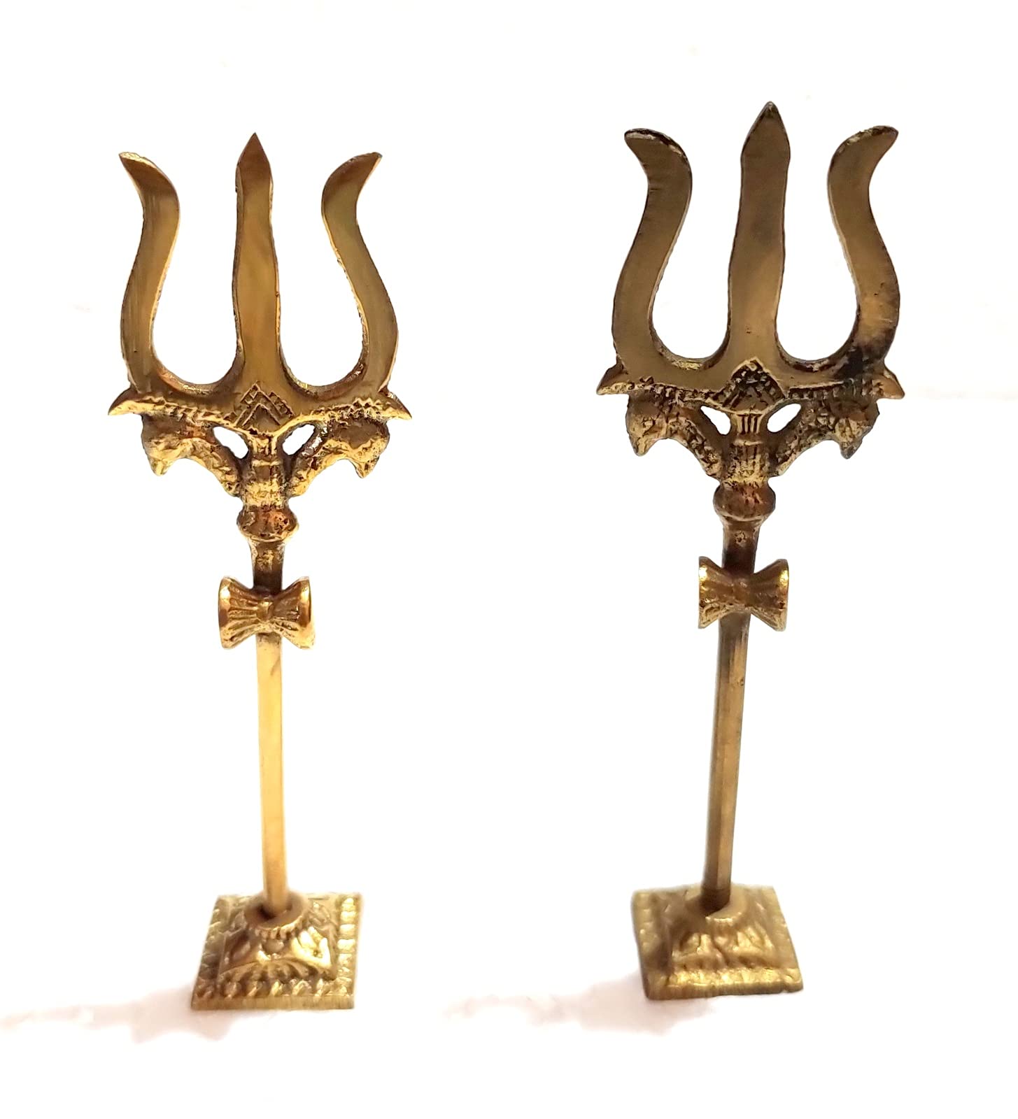 2 Piece Lord Shiva Brass Standing Trishul Trident with Attached Damaru Size 5 inch