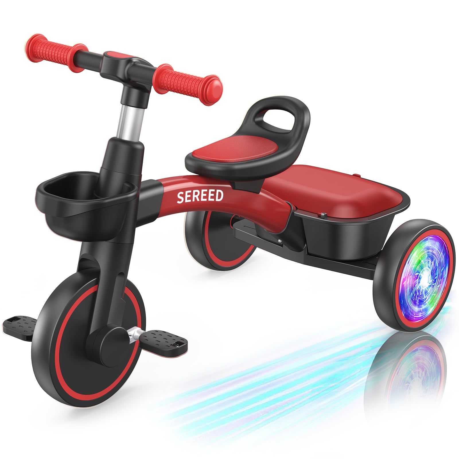 SEREED Colorful Lighting Toddler Tricycle for 2-5 Years Old Boys Girls, Adjustable Seat&Handlebar Trike, Removable Basket, Birthday Gift Idea for Kids