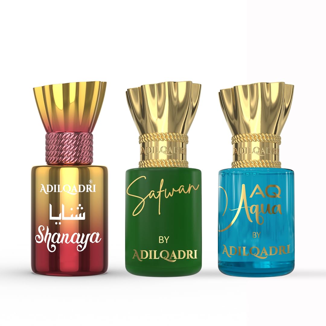 Adilqadri Shanaya Safwan & AQ Aqua Attar Combo Pack | Arabic & French Blend, Fruity & Fresh Aquatic Fragrance | Non-Alcoholic Roll-On Attar for Men & Women | Gift for Him & Her | 3 x 5.5 ML