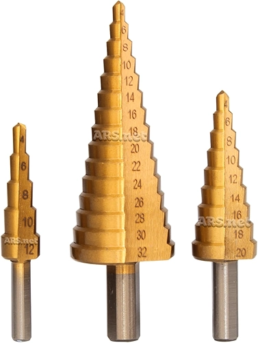 Kit Jogo 3 Brocas Escalonadas Titânio Espiral Cônica Hss Metal Ferro