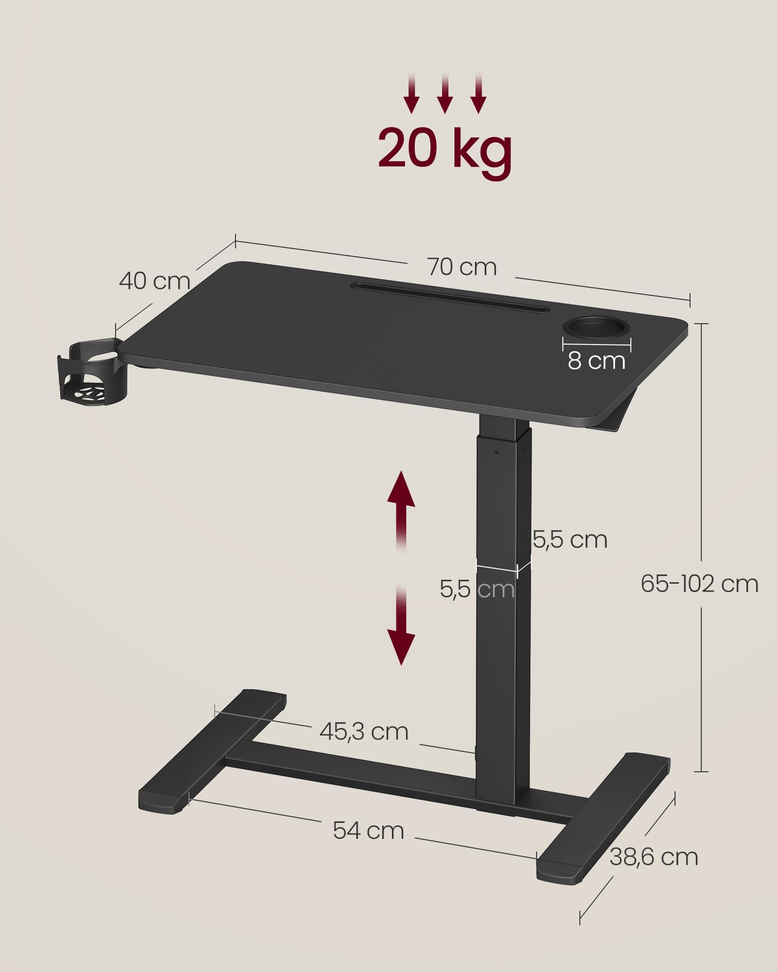 VASAGLE Scrivania con Ruote, Tavolino con Rotelle, Piano 70 x 40 cm, Regolabile in Altezza, 2 Portabicchieri, Slot per Cellulare o Tablet, Nero Inchiostro LSD600B01