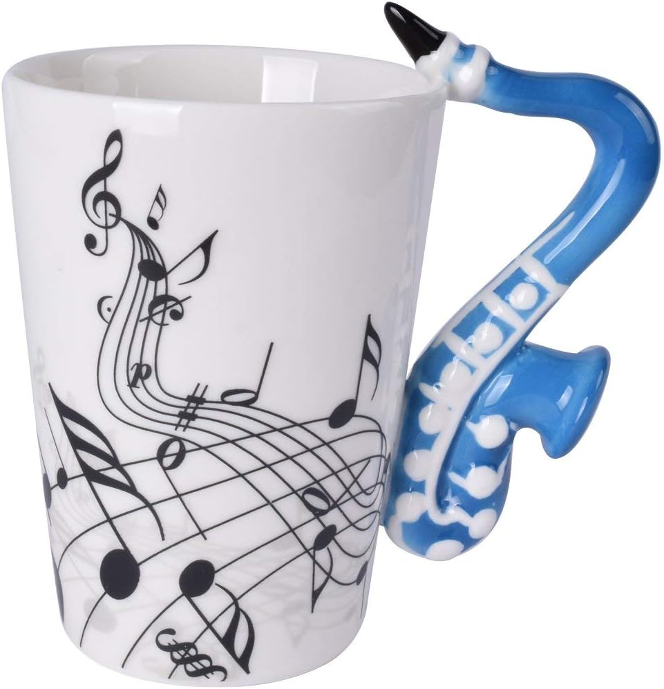 BUYNEED 12.9 Oz Saxophone Mug Music Note Coffee Mug Ceramic Saxophone Music Cup Mug Gifts for Sax Players Musicians,Blue