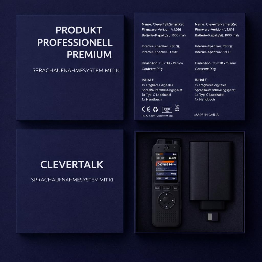 CleverTalk Diktiergerät Professionell 128GB – HD Audio PCM 1536kbps – Sprachaktivierung – Doppelmikrofon Rauschunterdrückung – Aufnahmegerät USB-C für Vorlesungen, Meetings, Interviews