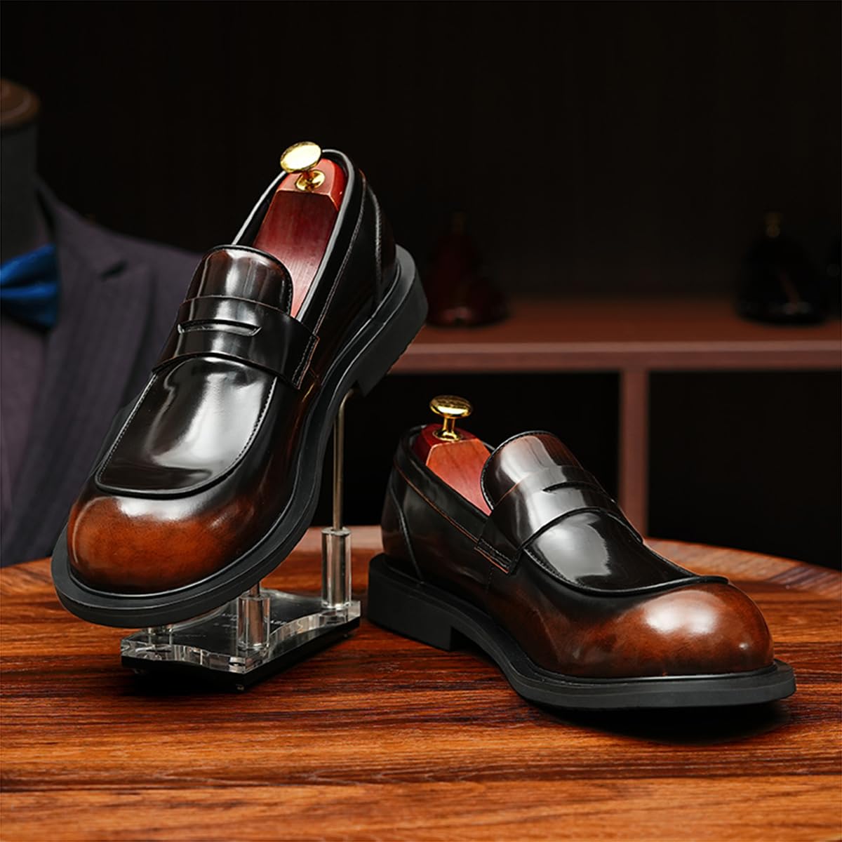 Loafers Casuales Negocios Punta Redonda para Hombre Mocasines en Cuero Genuino Zapatos de Vestir Bajos Slip On
