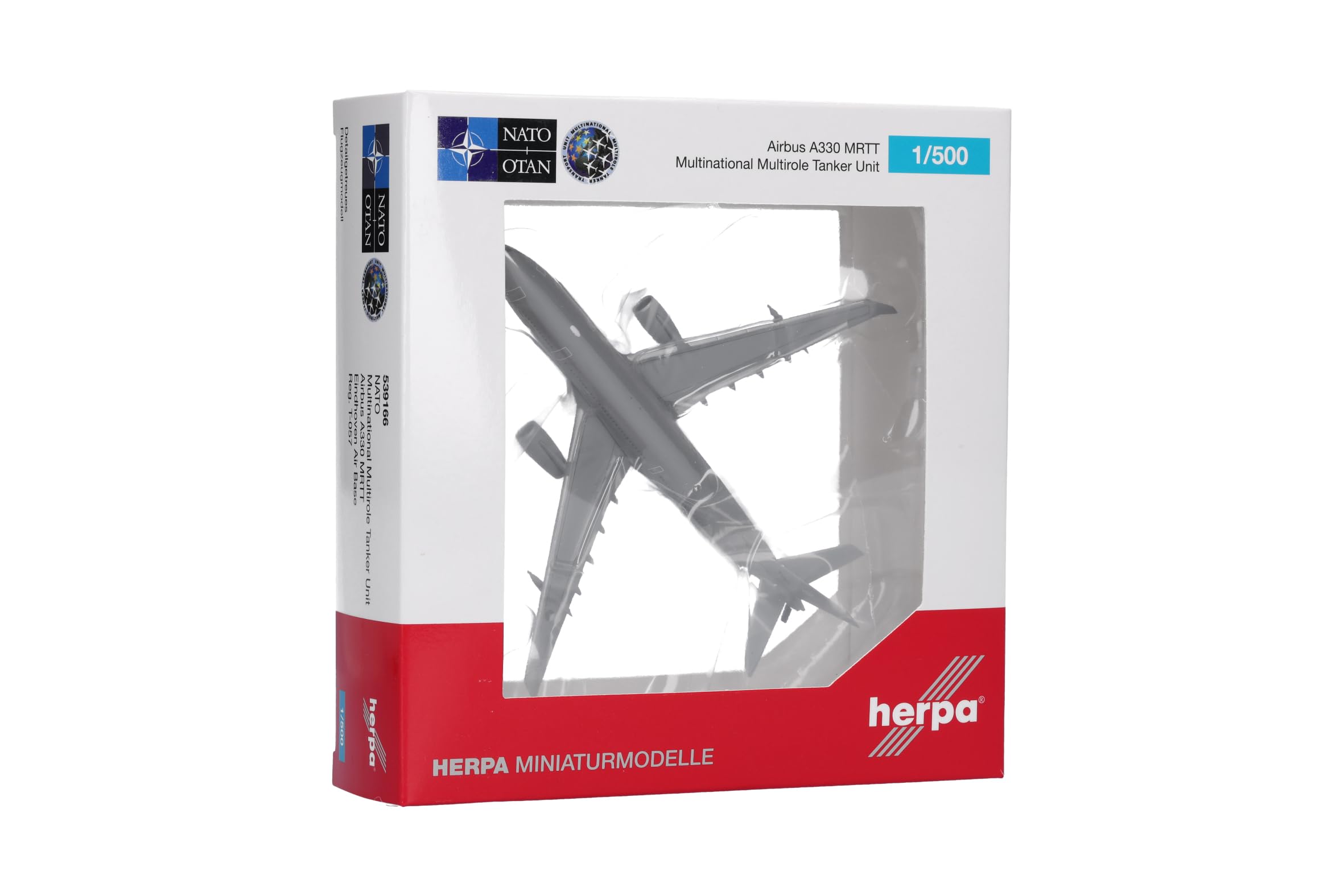 Herpa model samolotu NATO Multinational Multirole Tanker Unit (MMU) Airbus A330 MRTT, Eindhoven Air Base, miniatura w skali 1:500, model kolekcjonerski, bez podstawki, metal
