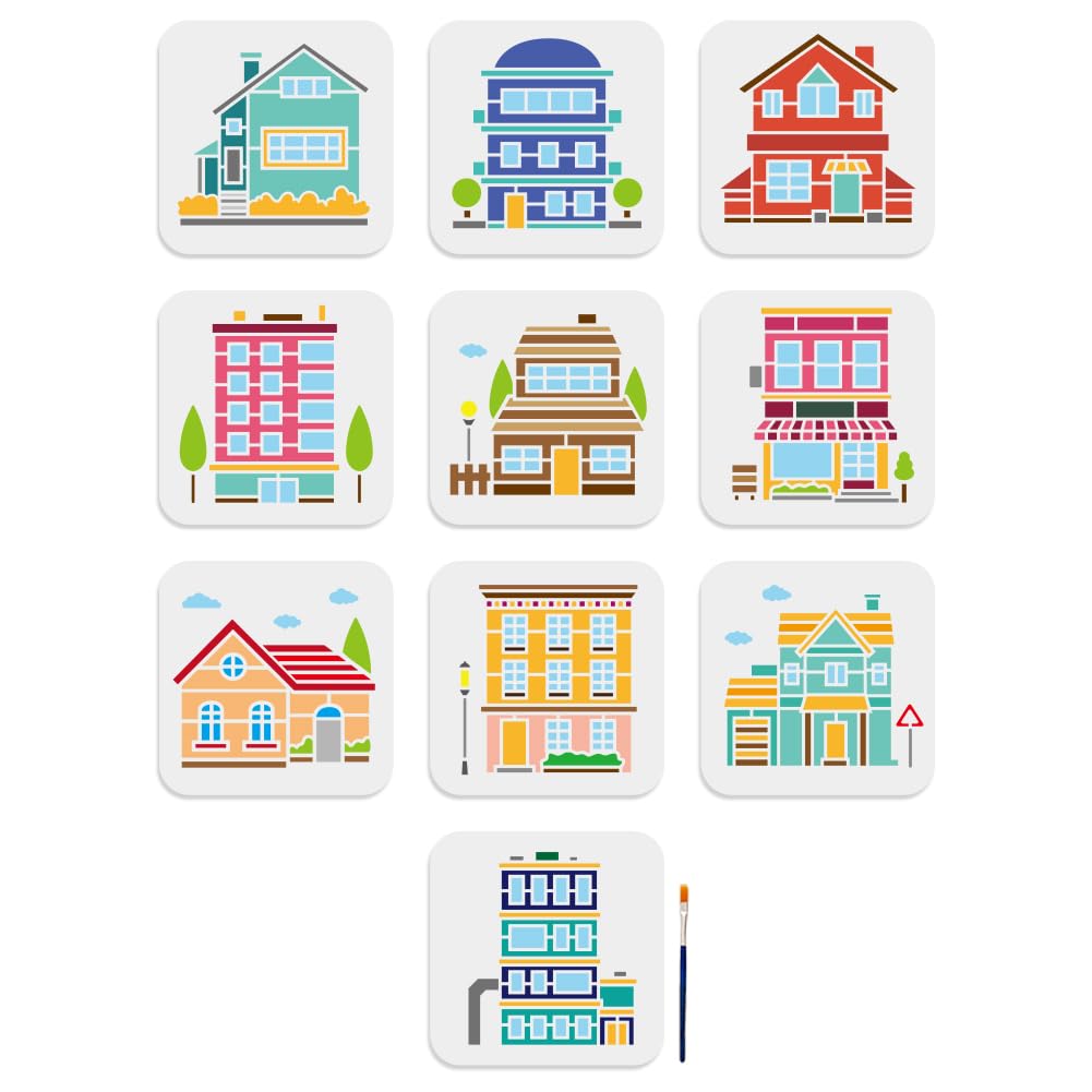 MAYJOYDIY 10pcs House Building Stencil 15×15cm Modern City Buildings Stencil with Paint Brush Reusable Town Rural Architecture Drawing Template for DIY Craft Furniture Wood Canvas Paper Decoration