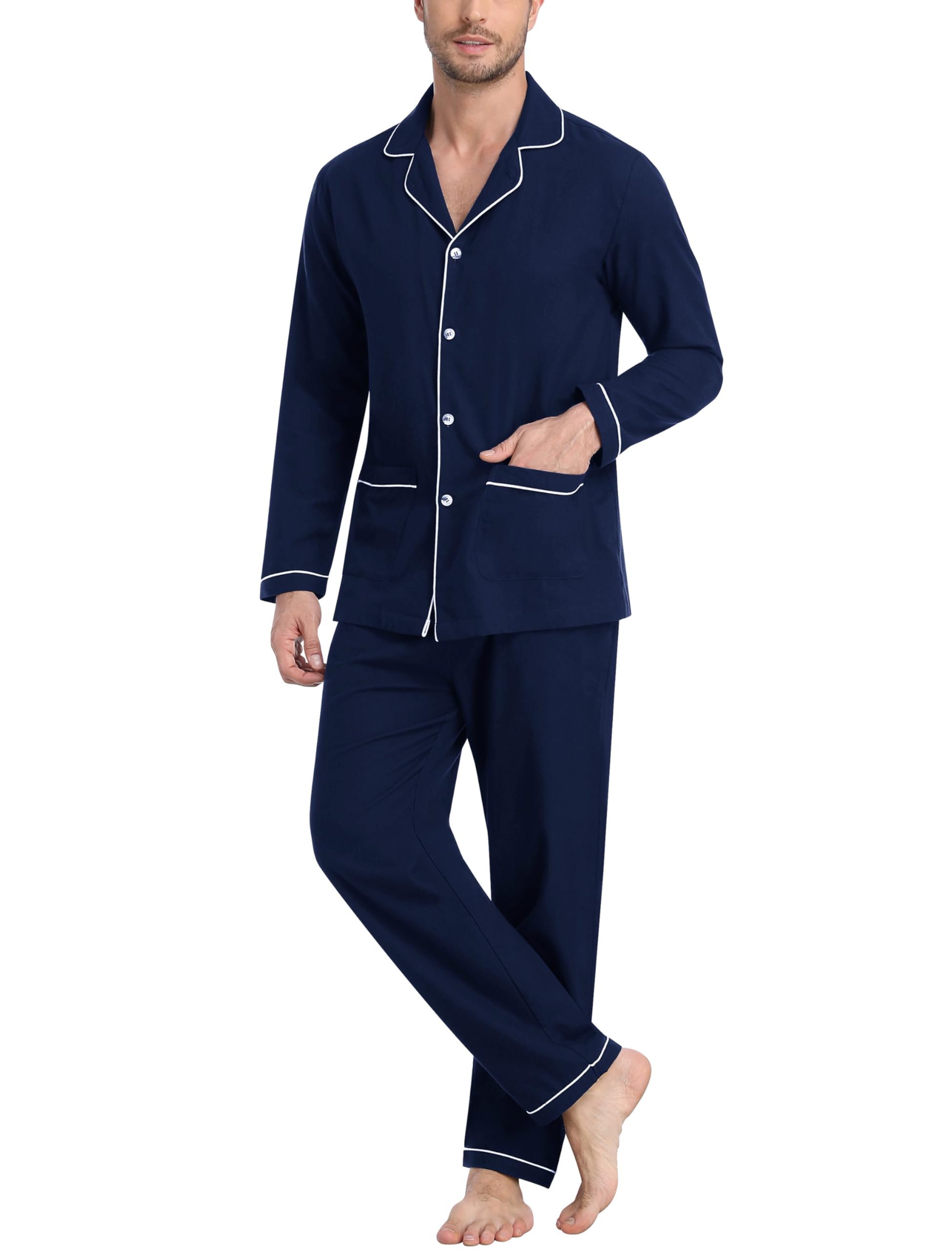 MoFiz Pyjama Homme Hiver Coton Ensembles de Pyjama Boutonné Devant Manches Longues Chaud Vêtements De Nuit à Carreaux Hauts de Pyjama et Bas de Pyjama avec Poches
