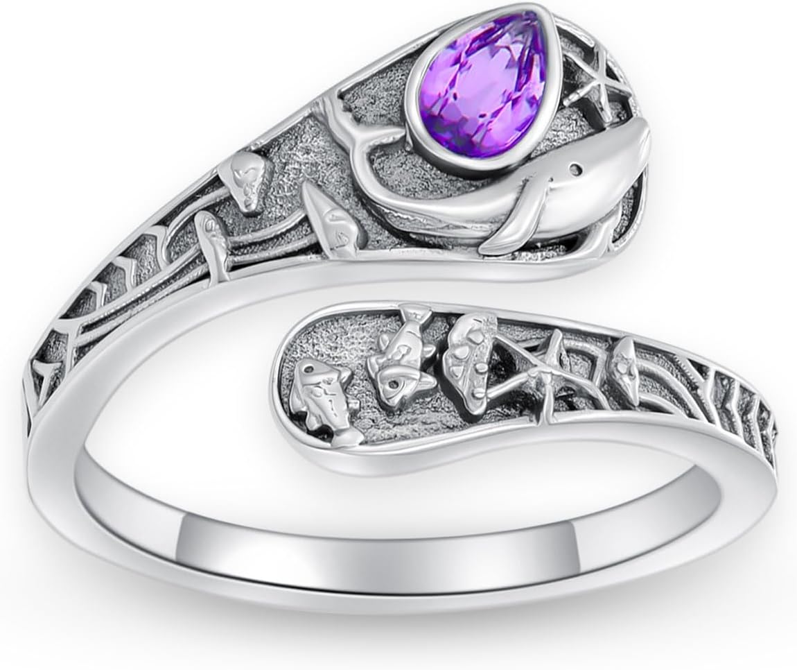 Ocean Spoon Rings for Women 925 Sterling Silver Natural Amethyst Open Adjustment Ring Ocean Lover Gift