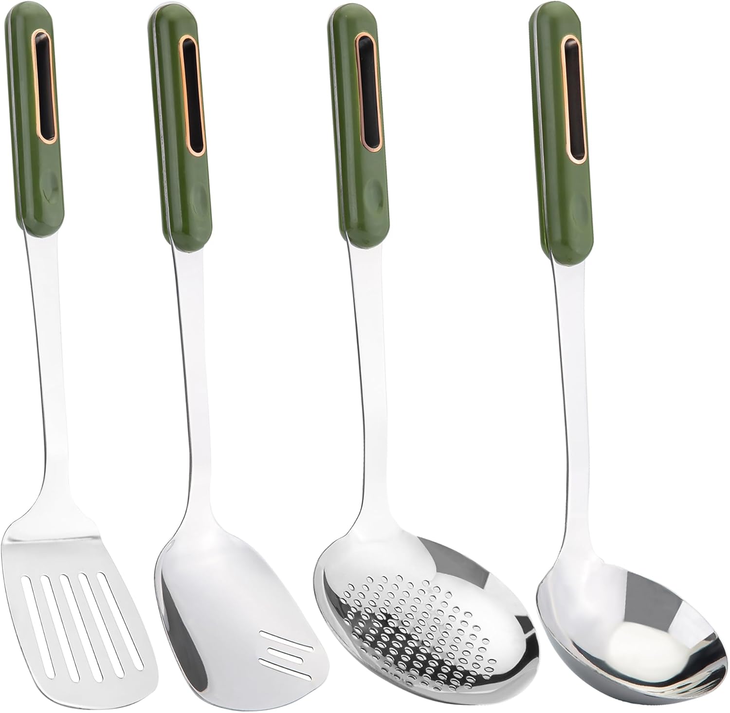 FJNATINH Cooking Utensils – Spatula, Ladle, Skimmer Spoon, Slotted Spatula – 4 Pieces Stainless Steel Wok Utensils Set for Carbon Steel,Green Handle FJNATINH Cooking Utensils – Spatula, Ladle, Skimmer Spoon, Slotted Spatula – 4 Pieces Stainless Steel Wok Utensils Set for Carbon Steel,Green Handle