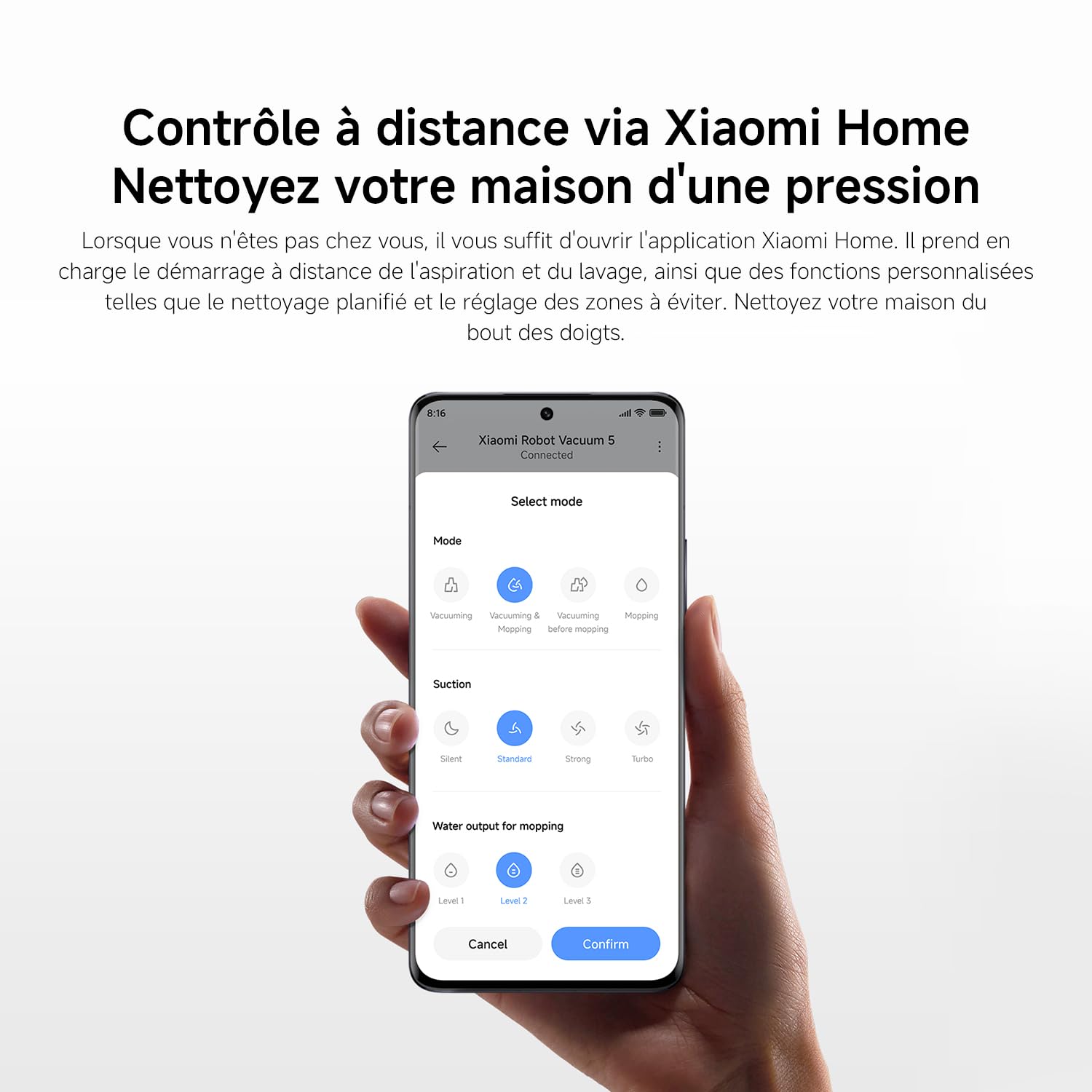 XIAOMI Robot Vacuum 5, Aspiration 20 000 Pa, AutoNettoyage à Eau Chaude 80 °C, Bras Doubles pour Coins, Navigation Laser dToF, Serpillère rétractable, Système Anti-emmêlement.